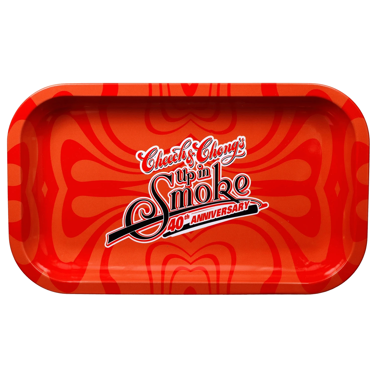 Top-down view of the C&C 40. Jubiläum Rolling Tray - Rot - Mittel showing a glossy red tray with rounded corners and a central "Cheech & Chong's Up in Smoke 40th Anniversary" logo.