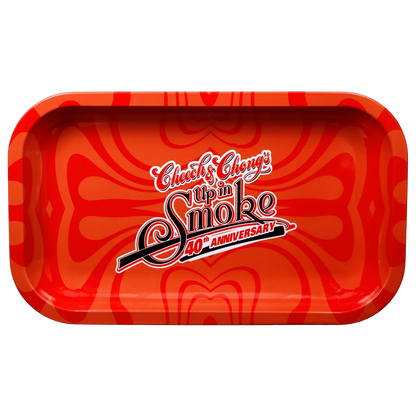 Top-down view of the C&C 40. Jubiläum Rolling Tray - Rot - Mittel showing a glossy red tray with rounded corners and a central "Cheech & Chong's Up in Smoke 40th Anniversary" logo.