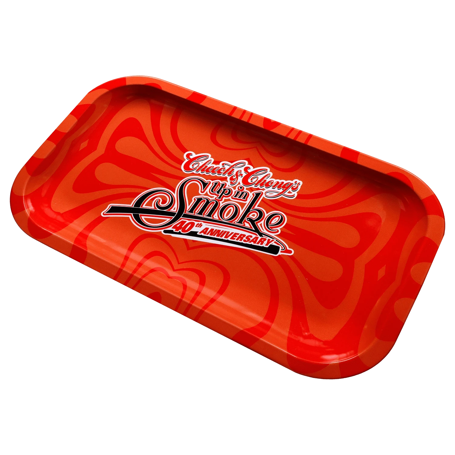 Angled top-down view of the red C&C 40. Jubiläum Rolling Tray - Rot - Mittel showing swirled orange patterns and a central "Up in Smoke 40th Anniversary" logo.