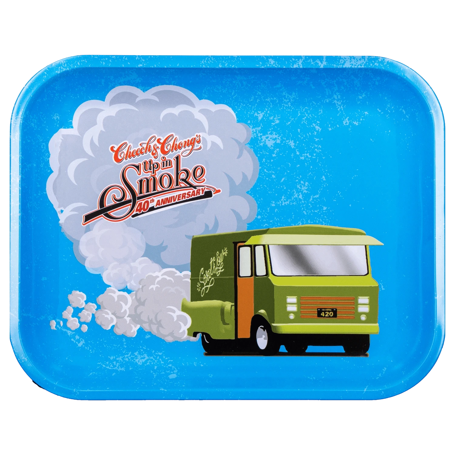 Top-down view of a bright blue C&C 40. Jubiläum Rolling Tray - Blau - Groß showing a green van puffing a large cloud of smoke with vintage lettering.