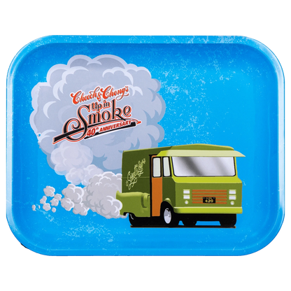 Top-down view of a bright blue C&C 40. Jubiläum Rolling Tray - Blau - Groß showing a green van puffing a large cloud of smoke with vintage lettering.