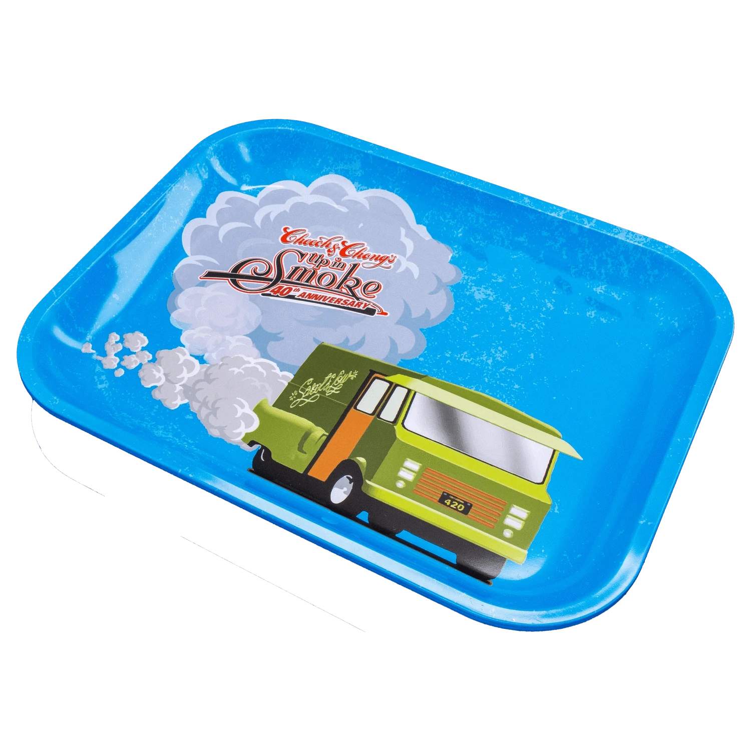 Angled close-up of the blue C&C 40. Jubiläum Rolling Tray - Blau - Groß showing a green van graphic blowing white smoke and a retro logo on the tray surface