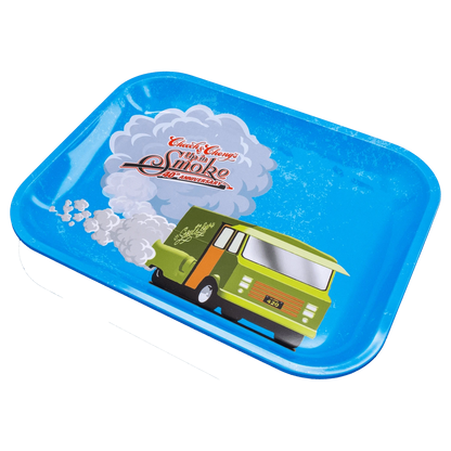 Angled close-up of the blue C&C 40. Jubiläum Rolling Tray - Blau - Groß showing a green van graphic blowing white smoke and a retro logo on the tray surface