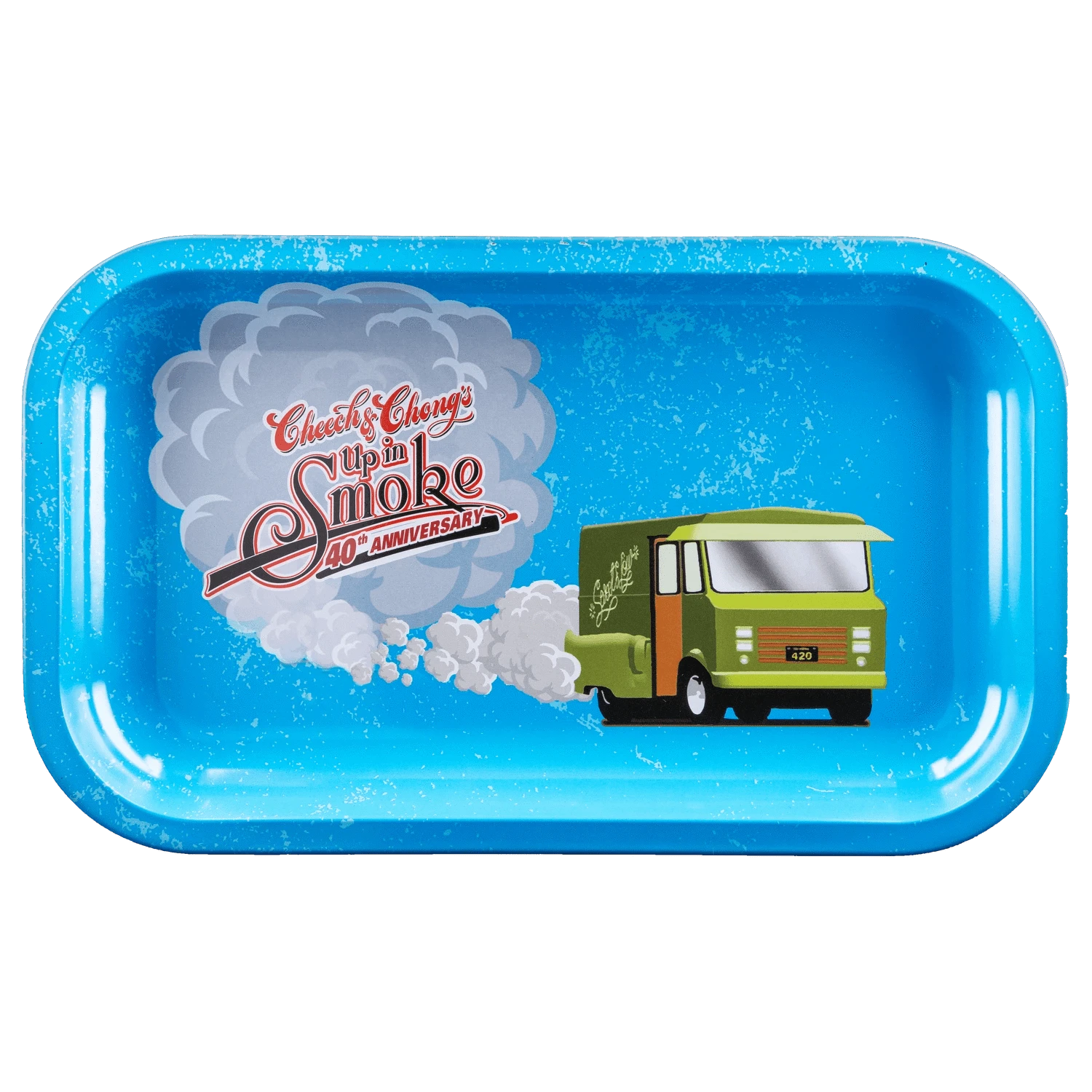 Top-down view of the C&C 40. Jubiläums-Tablett - Blau - Mittel featuring a green delivery van blowing a cloud of smoke with "Up in Smoke 40th Anniversary" lettering on a speckled blue tray.