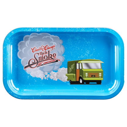 Top-down view of the C&C 40. Jubiläums-Tablett - Blau - Mittel featuring a green delivery van blowing a cloud of smoke with "Up in Smoke 40th Anniversary" lettering on a speckled blue tray.