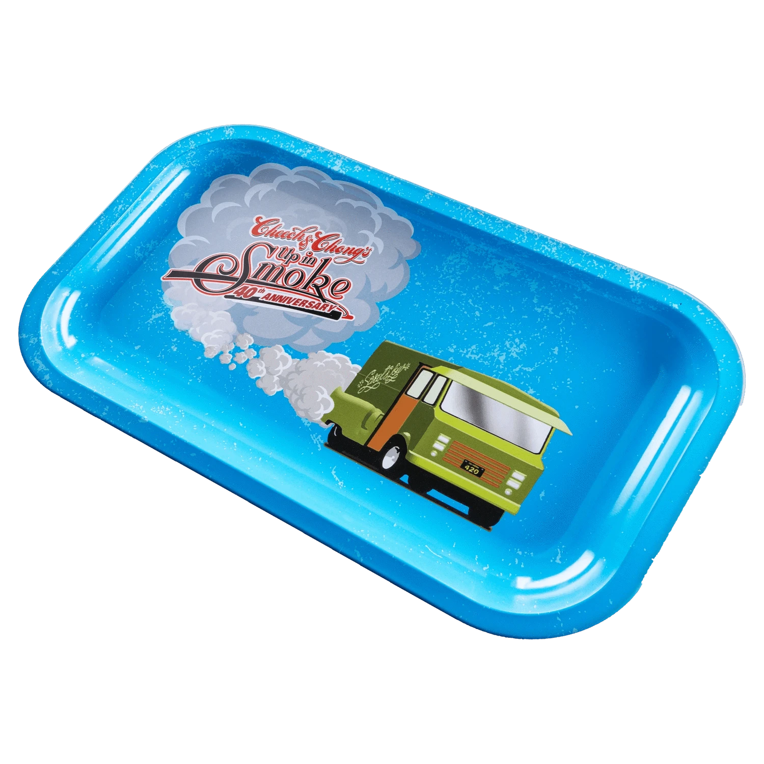 Angled close-up of the bright blue C&C 40. Jubiläums-Tablett - Blau - Mittel showing a cartoon green van and billowing smoke graphic on its speckled surface