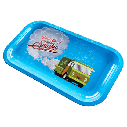 Angled close-up of the bright blue C&C 40. Jubiläums-Tablett - Blau - Mittel showing a cartoon green van and billowing smoke graphic on its speckled surface