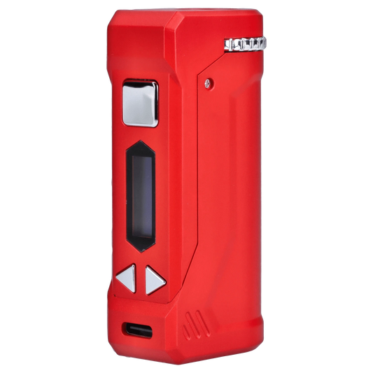 Front view of the red Yocan UNI Pro-Digital Box Mod, displaying a sleek, rectangular design with a digital display and button controls.