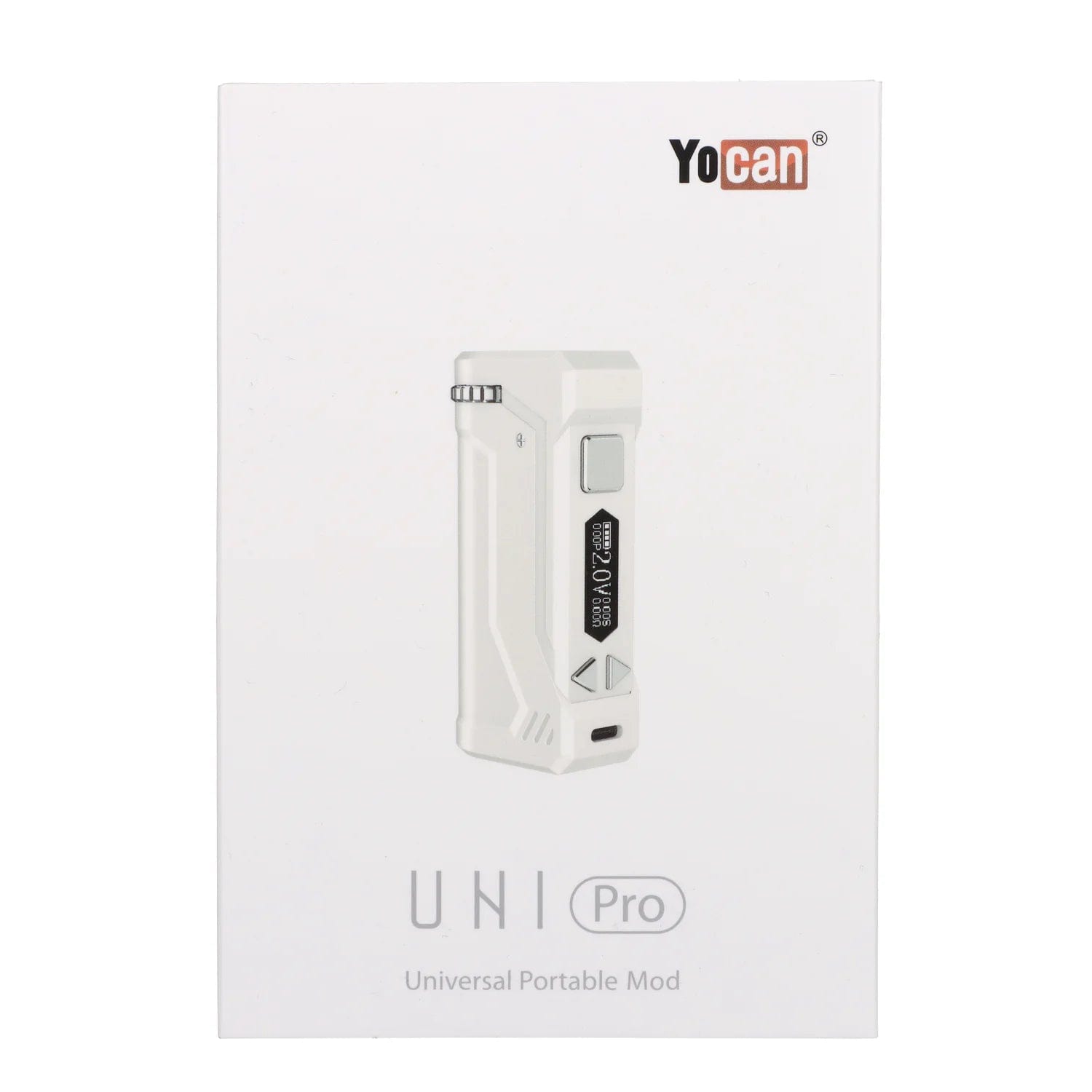 Front view of the white Yocan UNI Pro-Digital Box Mod, angled slightly, highlighting its sleek, rectangular design.
