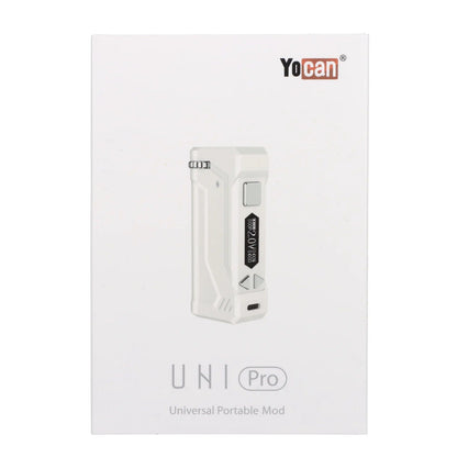 Front view of the white Yocan UNI Pro-Digital Box Mod, angled slightly, highlighting its sleek, rectangular design.
