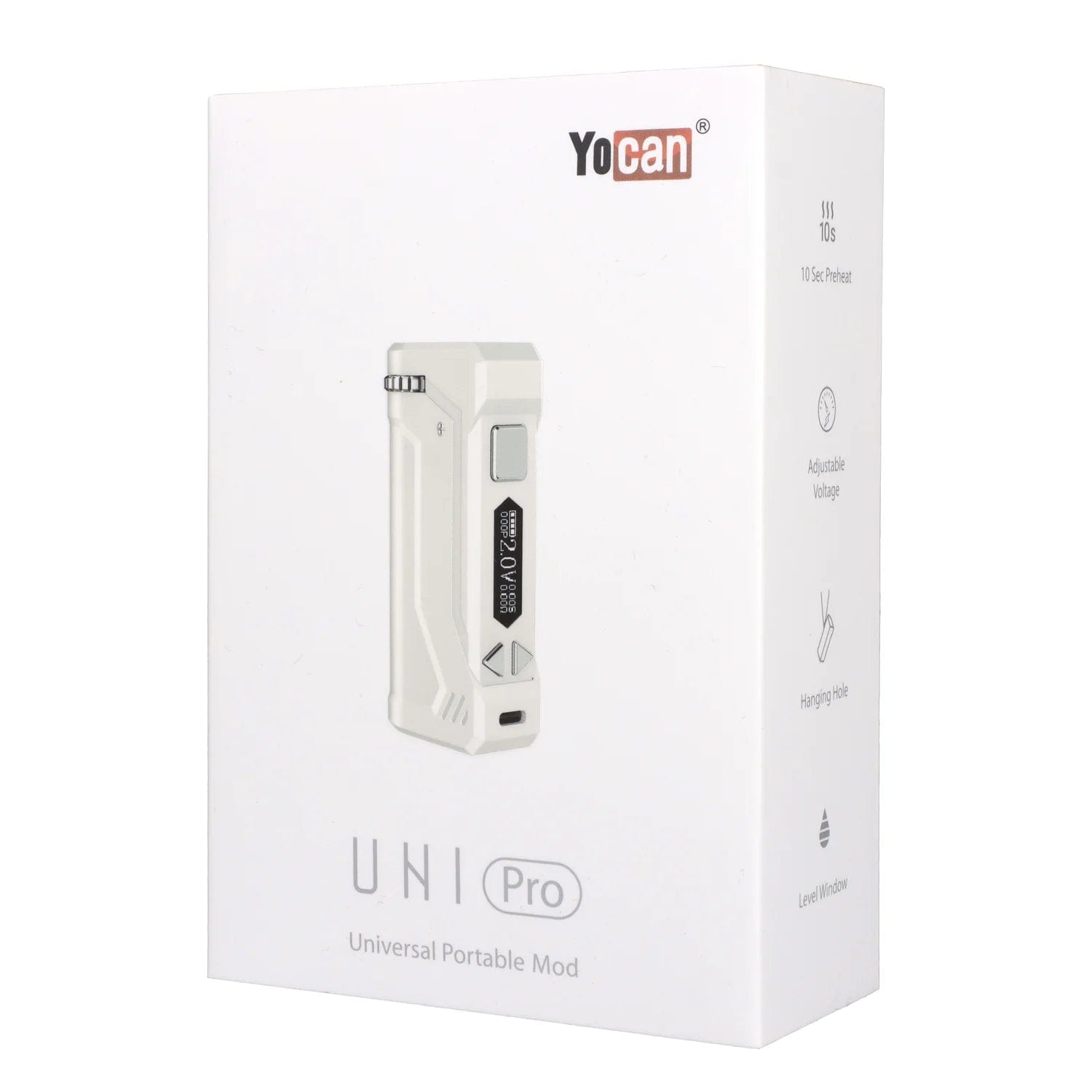Front view of the white Yocan UNI Pro-Digital Box Mod, showing the screen and sleek, boxy design.