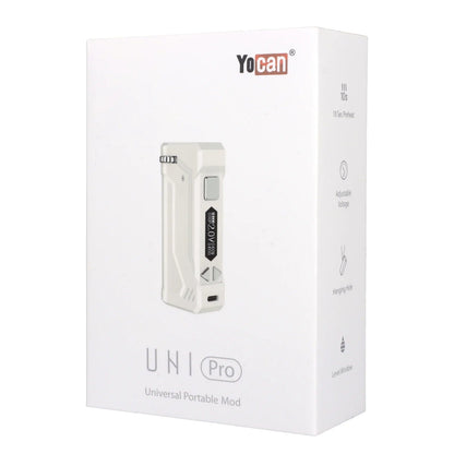 Front view of the white Yocan UNI Pro-Digital Box Mod, showing the screen and sleek, boxy design.