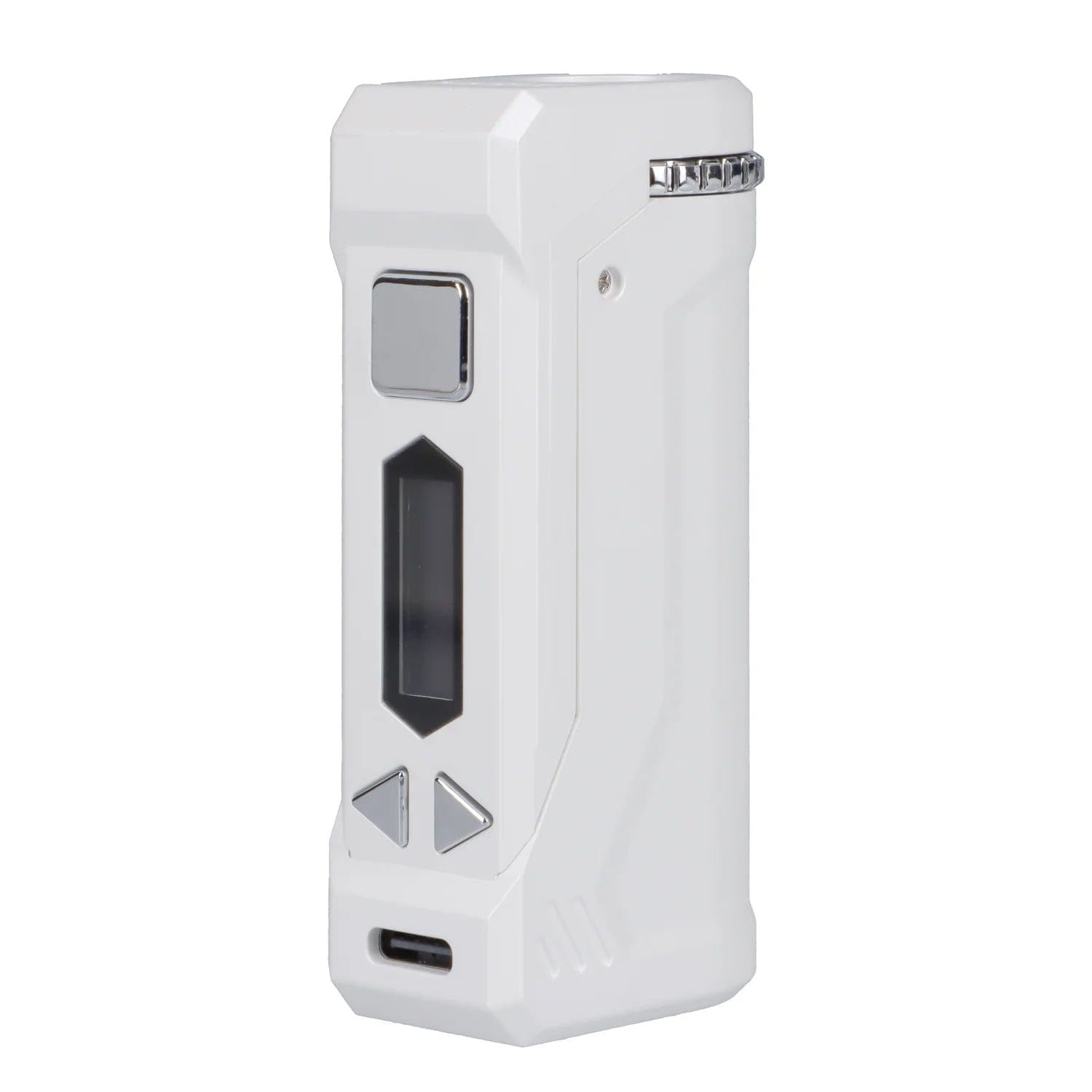 Front view of the white Yocan UNI Pro-Digital Box Mod, displaying its sleek, rectangular shape and digital display screen.