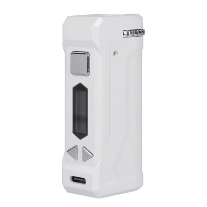 Front view of the white Yocan UNI Pro-Digital Box Mod, displaying its sleek, rectangular shape and digital display screen.