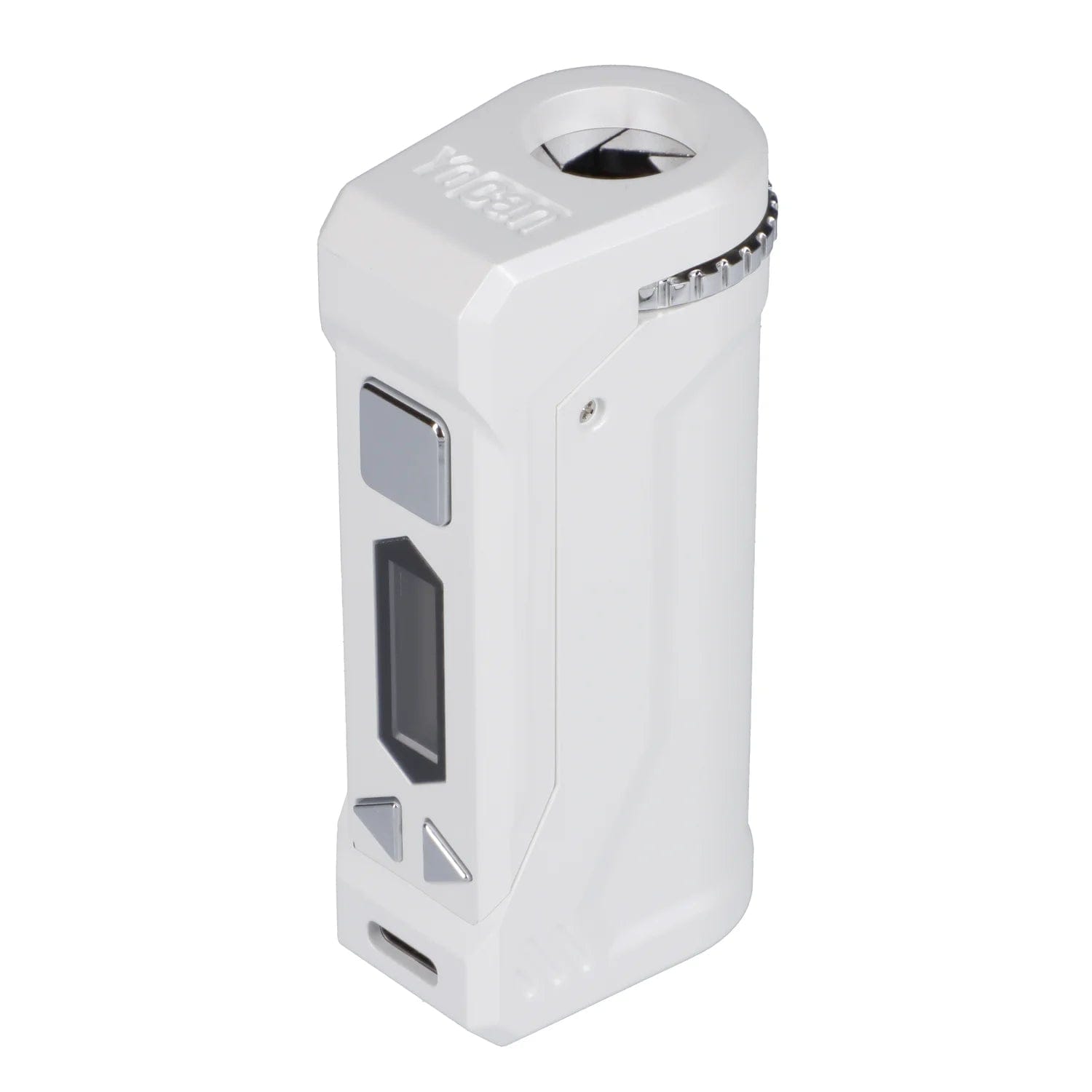 Front view of the white Yocan UNI Pro-Digital Box Mod, showcasing its sleek, rectangular design and digital display.