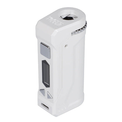 Front view of the white Yocan UNI Pro-Digital Box Mod, showcasing its sleek, rectangular design and digital display.