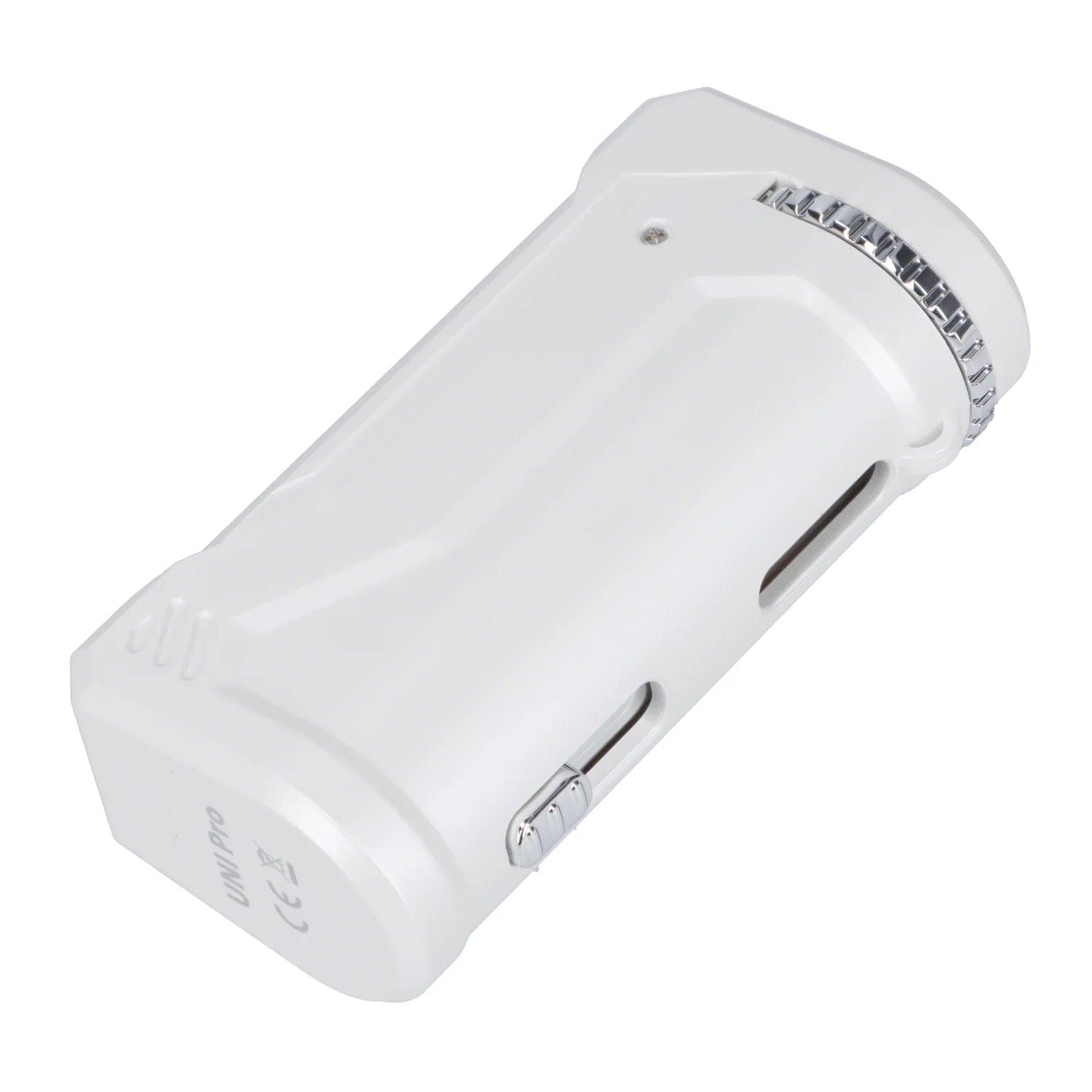 A three-quarter view of the white Yocan UNI Pro-Digital Box Mod, showing the sleek, rectangular design and digital display.