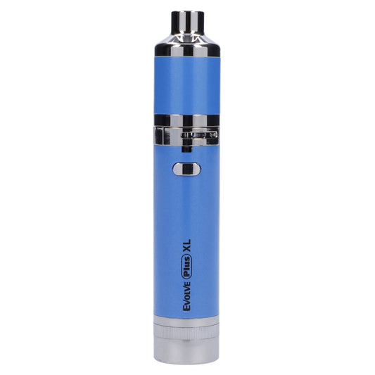 A close-up, angled view of the light blue Yocan Evolve Plus XL Vaporizer Kit, showcasing its sleek, cylindrical design.