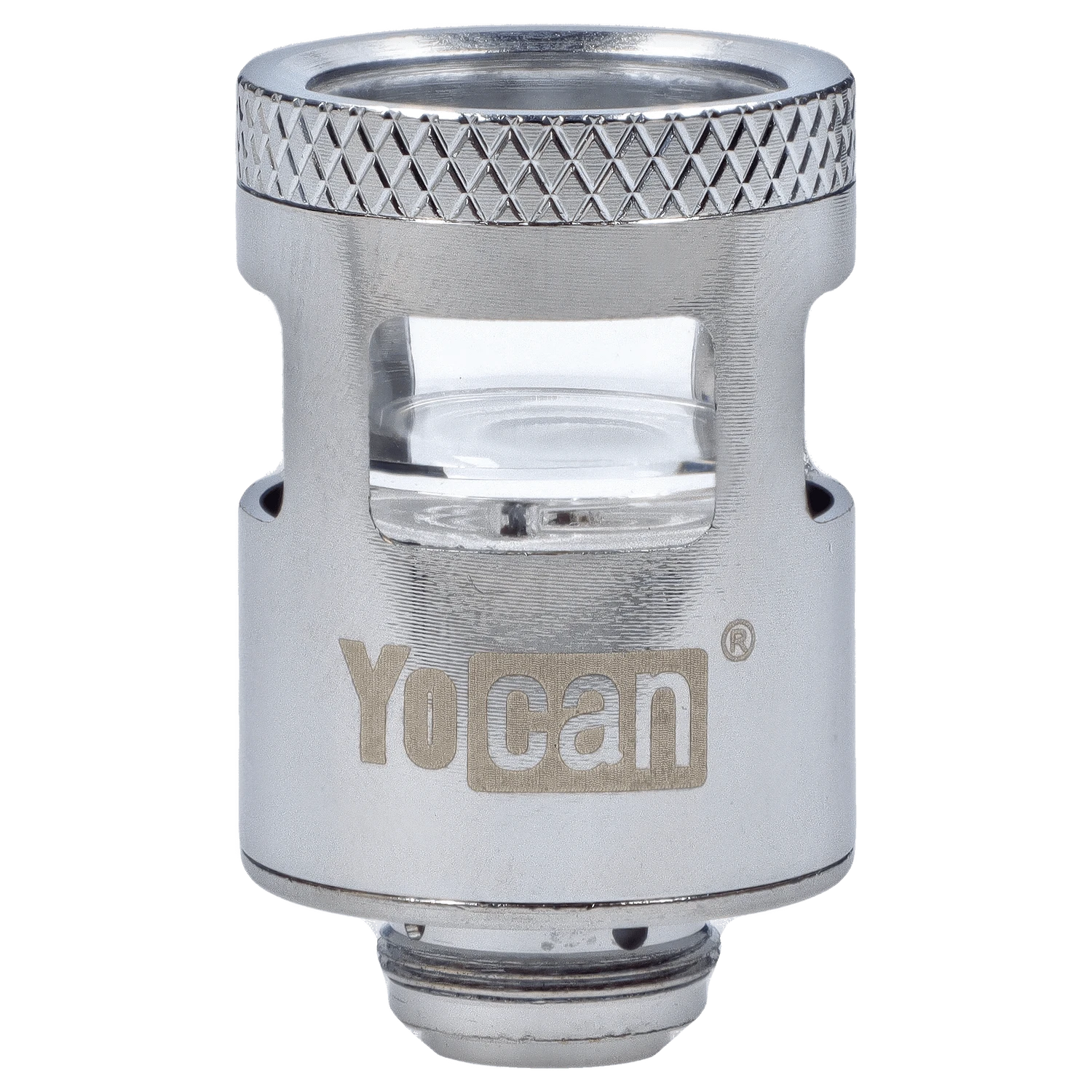 Close-up of the Yocan iCan Coil, showing its metallic construction and textured upper rim against a plain white background.