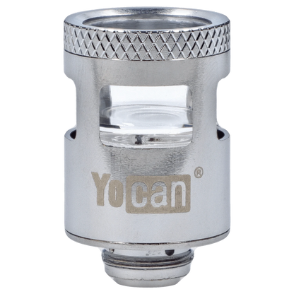 Close-up of the Yocan iCan Coil, showing its metallic construction and textured upper rim against a plain white background.