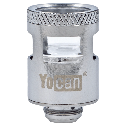 Close-up of the Yocan iCan Coil, showing its metallic construction and textured upper rim against a plain white background.