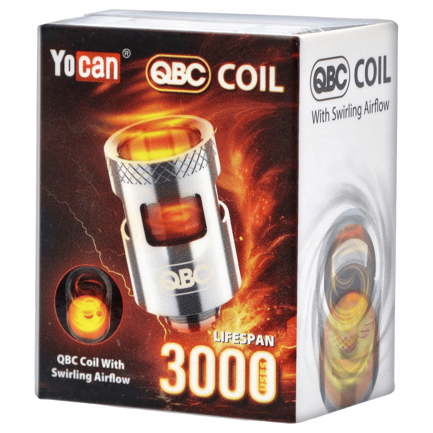 Close-up of the Yocan iCan Coil against a black backdrop, showcasing its circular shape and branding details.