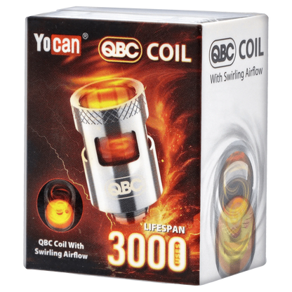 Close-up of the Yocan iCan Coil against a black backdrop, showcasing its circular shape and branding details.