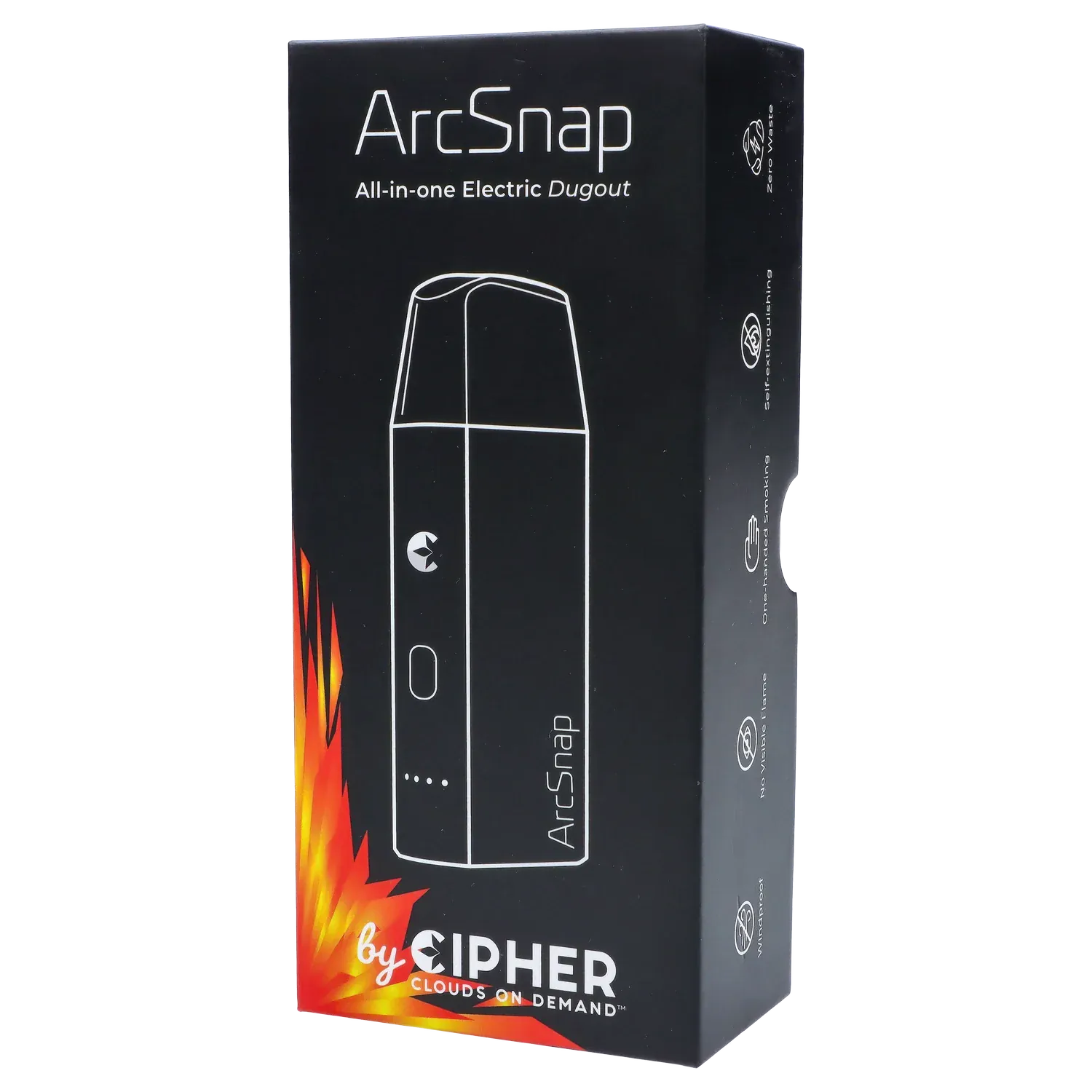Angled front view of the black Cipher ArcSnap Electronic Dugout box showing a white outline sketch of the device and flame graphics at the base