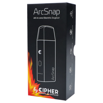 Angled front view of the black Cipher ArcSnap Electronic Dugout box showing a white outline sketch of the device and flame graphics at the base