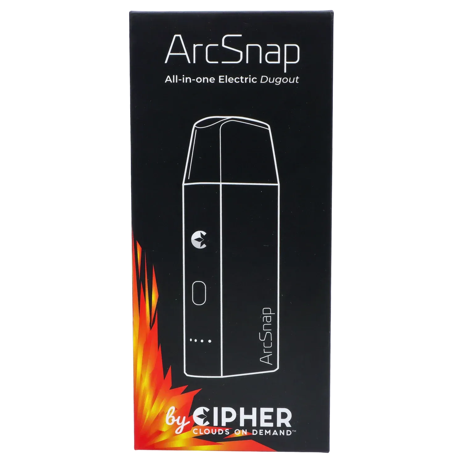 Vertical close-up of the black box showing a white line drawing and logo for the Cipher ArcSnap Electronic Dugout against a flame-accented lower corner.