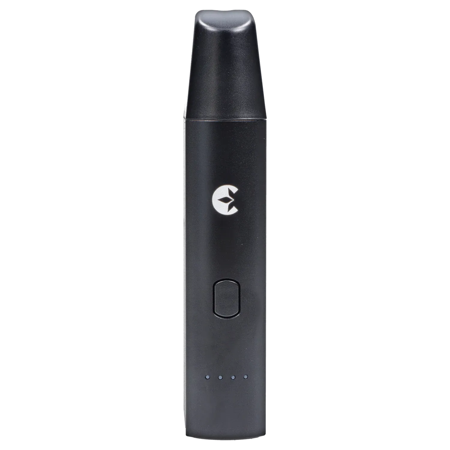 Close-up front view of the black Cipher ArcSnap Electronic Dugout showing its tapered mouthpiece, power button, centered logo, and four LED indicator lights.