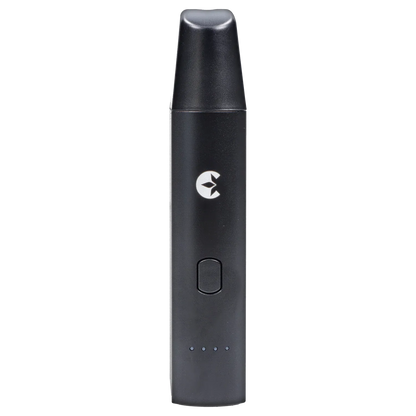 Close-up front view of the black Cipher ArcSnap Electronic Dugout showing its tapered mouthpiece, power button, centered logo, and four LED indicator lights.