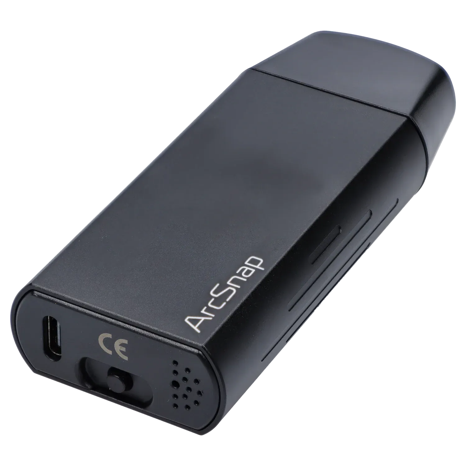 Angled close-up of the black Cipher ArcSnap Electronic Dugout showing its rounded edges, USB-C port, vent holes, and white ArcSnap logo.