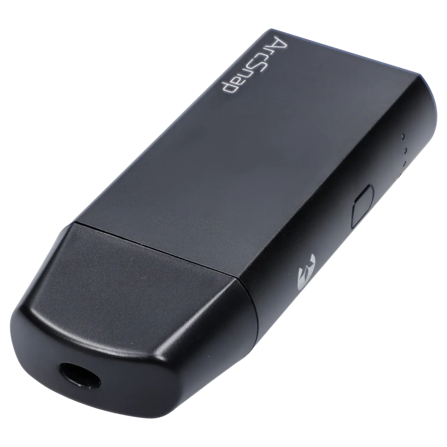 Angled close-up of the black Cipher ArcSnap Electronic Dugout showing its tapered mouthpiece, matte finish, side button, and top logo.