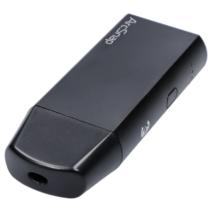Angled close-up of the black Cipher ArcSnap Electronic Dugout showing its tapered mouthpiece, matte finish, side button, and top logo.