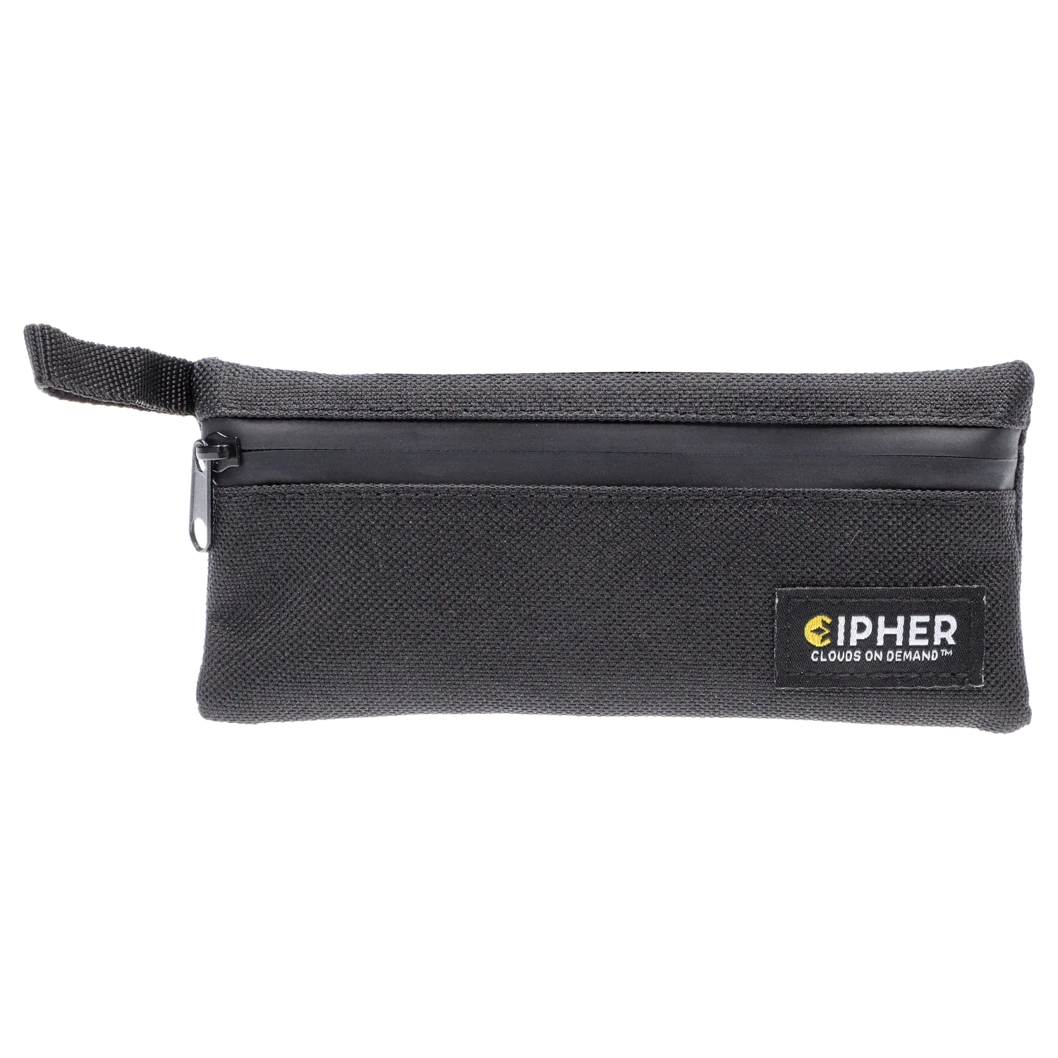 Front-facing shot of the black Cipher ArcSnap Electronic Dugout pouch with a zipper top and woven carry loop, logo patch visible.