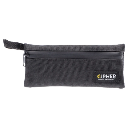 Front-facing shot of the black Cipher ArcSnap Electronic Dugout pouch with a zipper top and woven carry loop, logo patch visible.