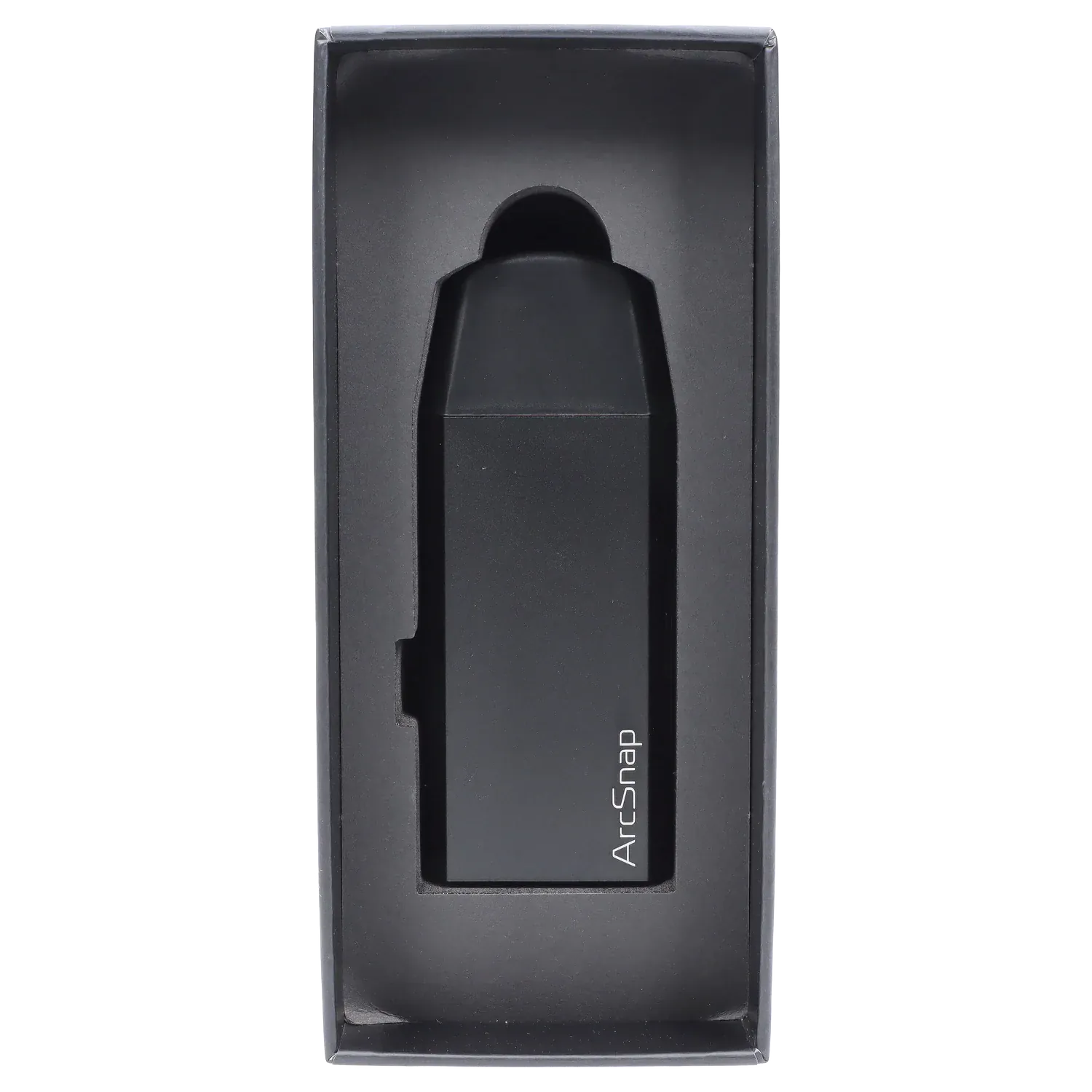 Top-down view of the black Cipher ArcSnap Electronic Dugout nestled in molded foam packaging, centered against a white background.