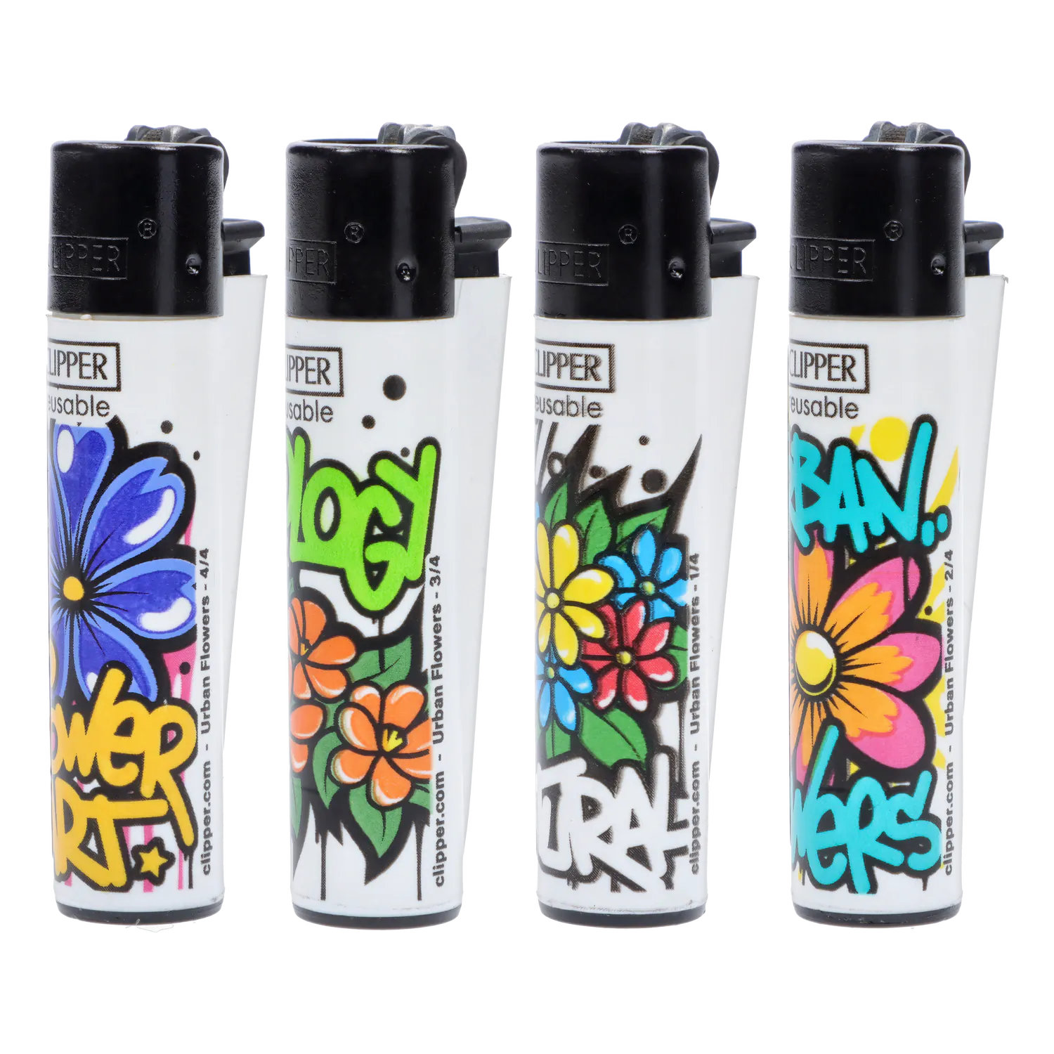 Close-up front view of four colorful Clipper Lighter Urban Flowers 48/tray lighters with black tops and graffiti-style flower artwork.