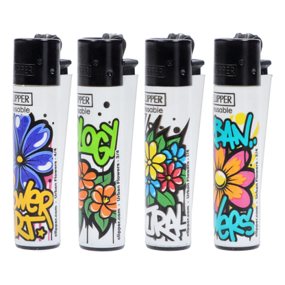 Close-up front view of four colorful Clipper Lighter Urban Flowers 48/tray lighters with black tops and graffiti-style flower artwork.