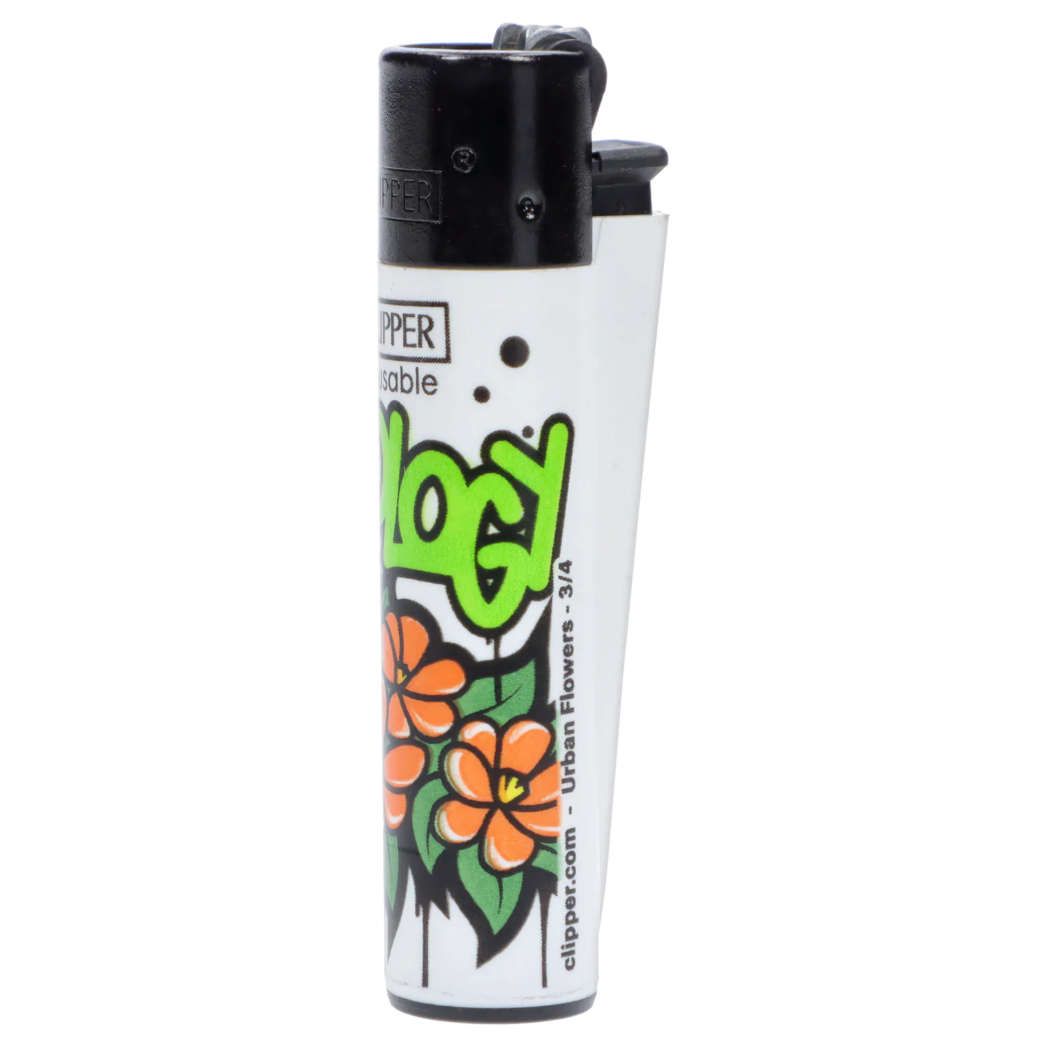 Close-up vertical view of a white Clipper Lighter Urban Flowers 48/tray showing orange floral graphics and a black top.
