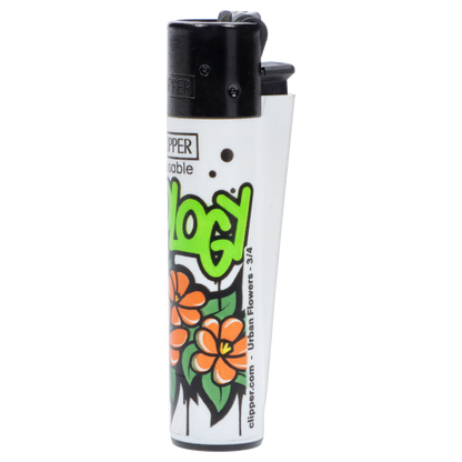 Close-up vertical view of a white Clipper Lighter Urban Flowers 48/tray showing orange floral graphics and a black top.