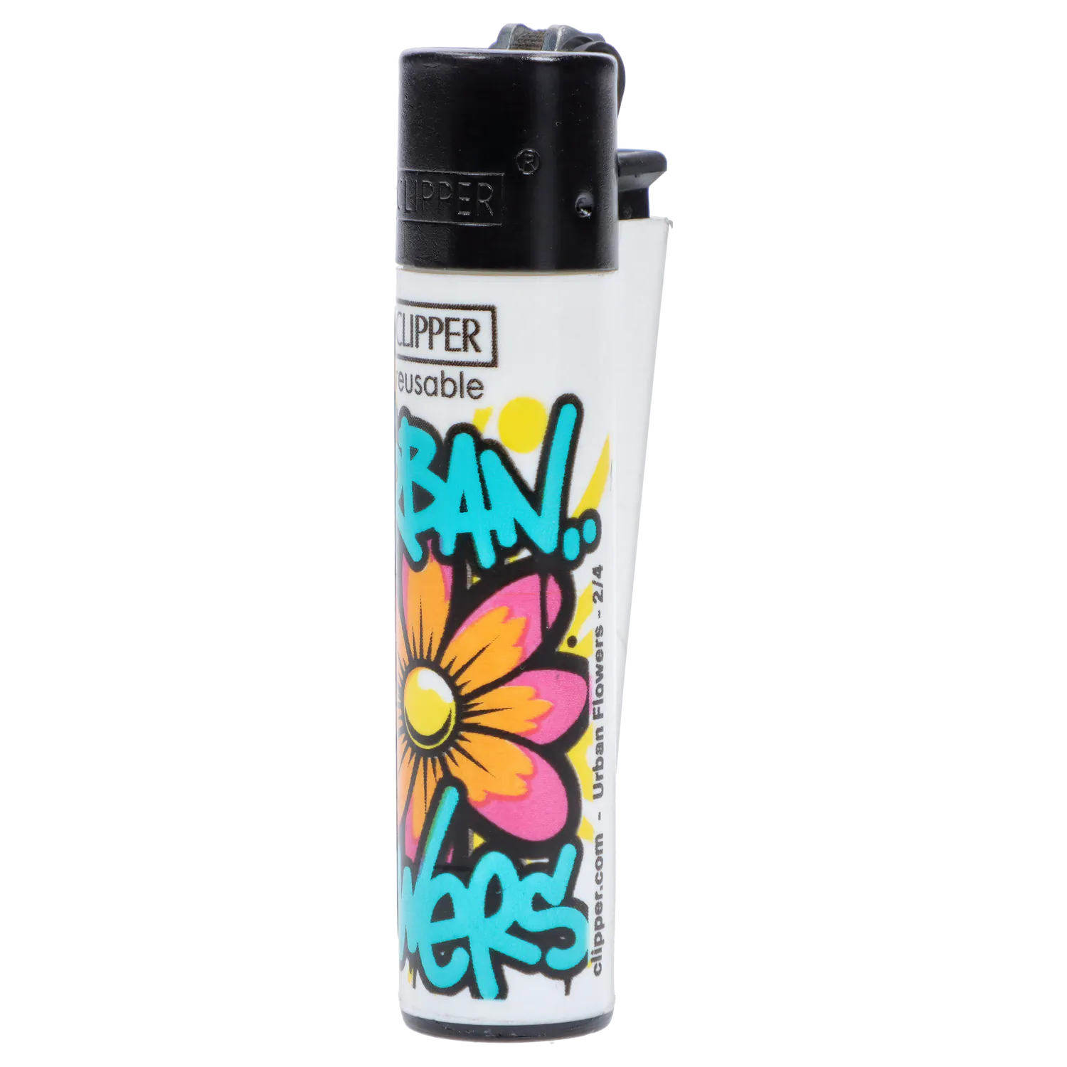 Close-up front view of a white Clipper Lighter Urban Flowers 48/tray showing a black top and colorful graffiti-style flower artwork.