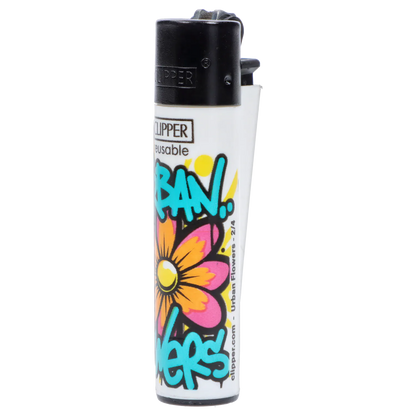 Close-up front view of a white Clipper Lighter Urban Flowers 48/tray showing a black top and colorful graffiti-style flower artwork.