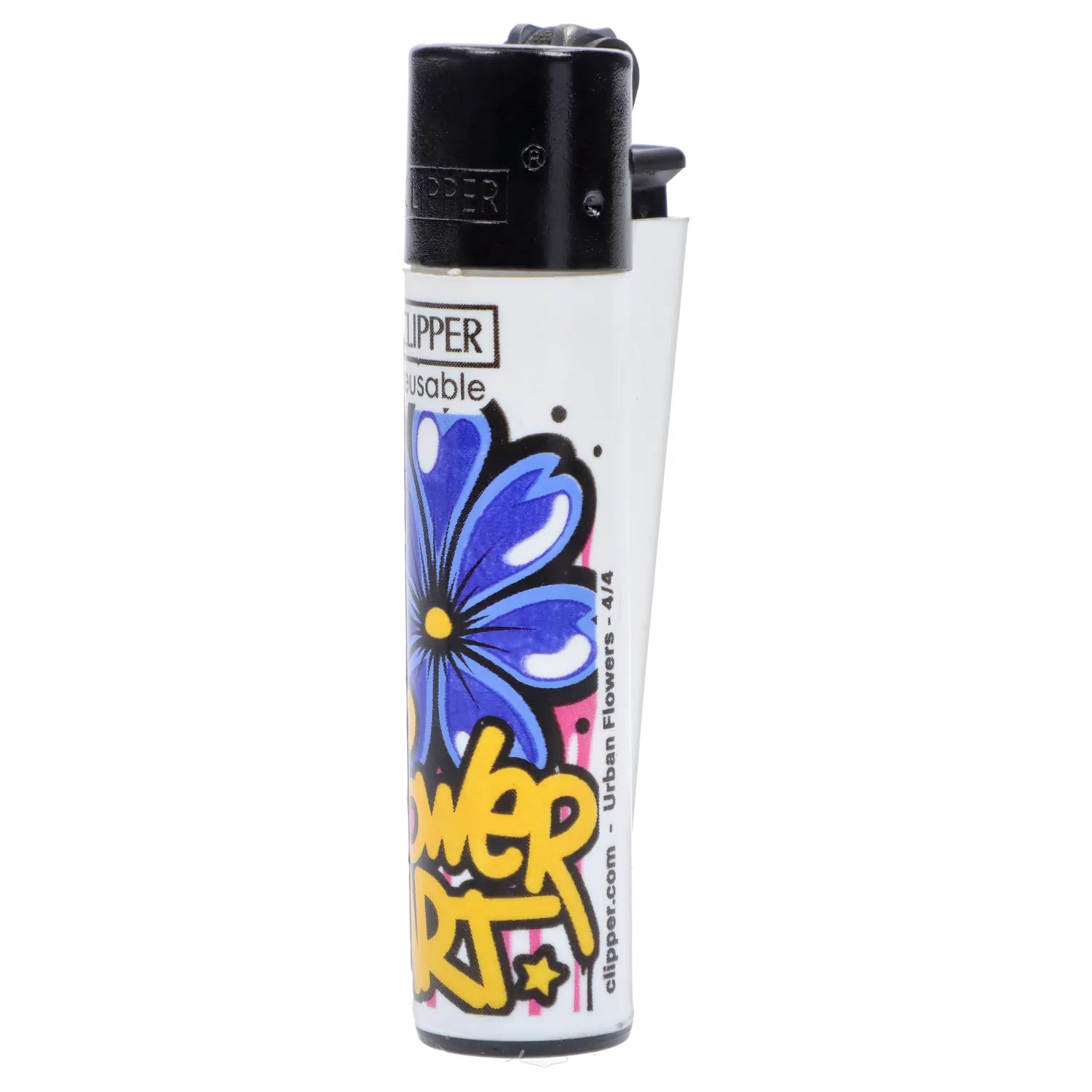 Close-up front view of a white Clipper Lighter Urban Flowers 48/tray showing a black top and colorful blue flower graffiti artwork along its body.