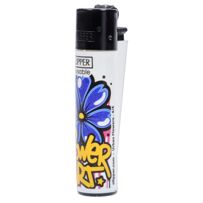 Close-up front view of a white Clipper Lighter Urban Flowers 48/tray showing a black top and colorful blue flower graffiti artwork along its body.