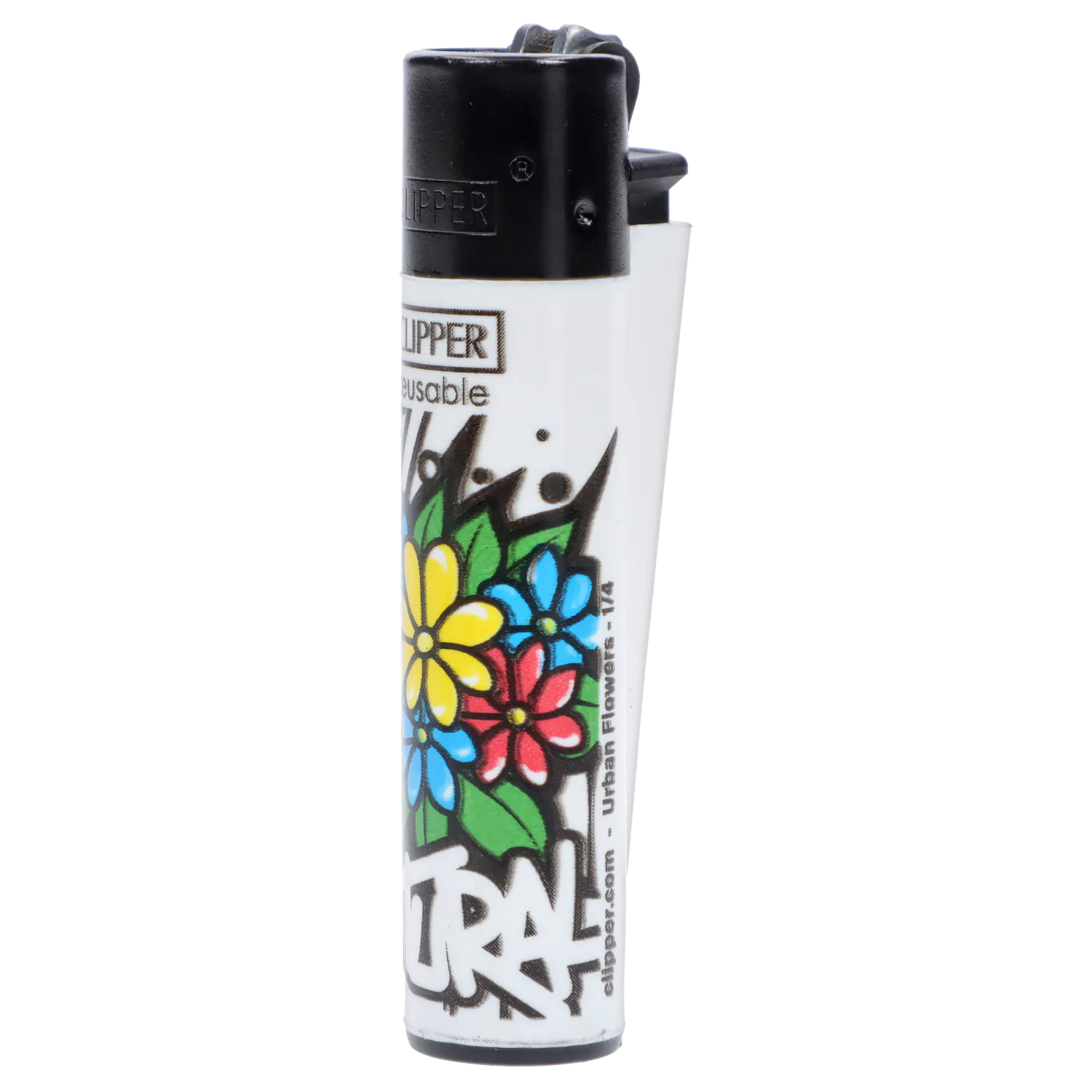 Close-up front view of a white Clipper Lighter Urban Flowers 48/tray showing its black top and colorful flower graffiti design.