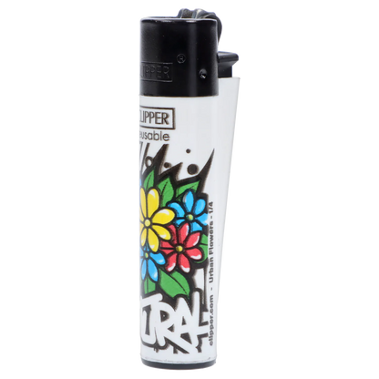 Close-up front view of a white Clipper Lighter Urban Flowers 48/tray showing its black top and colorful flower graffiti design.