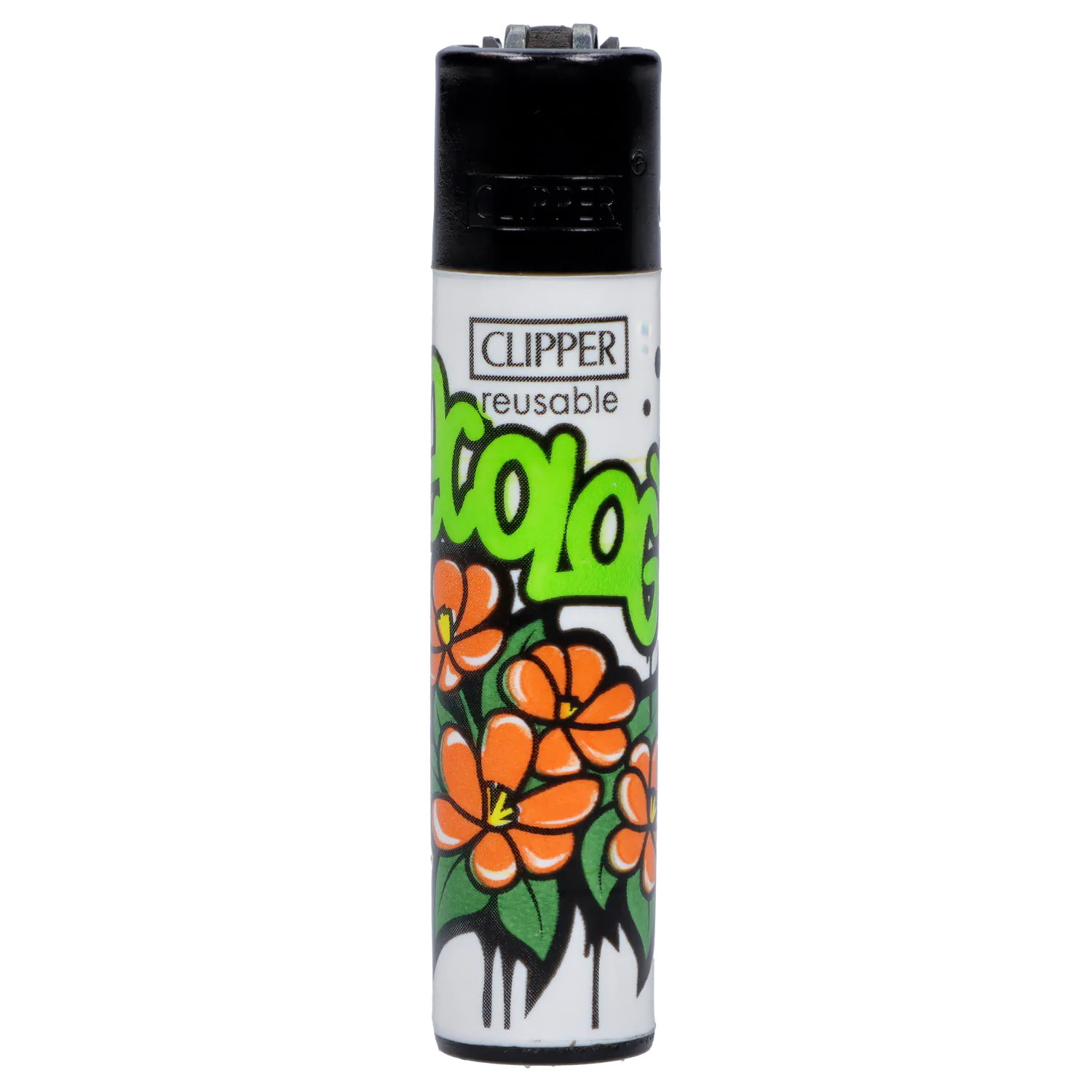 Close-up front view of the Clipper Lighter Urban Flowers 48/tray showing its black top and white body decorated with green graffiti text and clustered orange flowers.