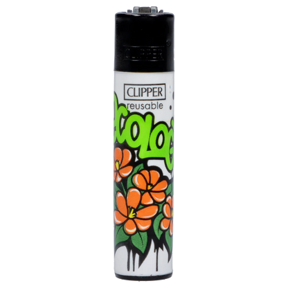 Close-up front view of the Clipper Lighter Urban Flowers 48/tray showing its black top and white body decorated with green graffiti text and clustered orange flowers.